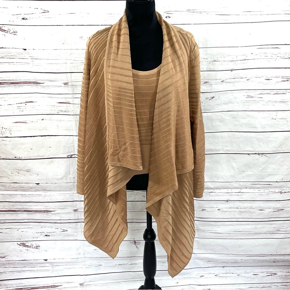 St. John 2PC Twin Set Cardigan & Top Womens Size M Wool Blend Brown Open.